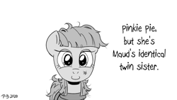 Size: 1200x675 | Tagged: safe, artist:pony-berserker, imported from derpibooru, maud pie, pinkie pie, earth pony, pony, alternate personalities, alternate timeline, alternate universe, evil twin, female, halftone, implied maud pie, mare, monochrome, not maud pie, pony-berserker's twitter sketches, ruffled hair, smiling, solo, something is not right, stippling, twin, wat