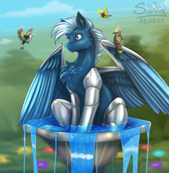 Size: 1000x1022 | Tagged: safe, artist:sunny way, imported from derpibooru, oc, oc only, oc:morning mist, bird, cyborg, pegasus, pony, amputee, art, artificial wings, artwork, augmented, behaving like a bird, birb, bird bath, bird wisdom, chest fluff, cute, digital art, feather, funny, if i fits i sits, lol, male, patreon, patreon reward, pony oc, prosthetic limb, prosthetic wing, prosthetics, sitting, stallion, sternocleidomastoid, water, wings, wisdom