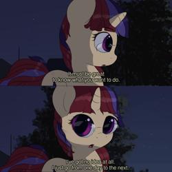 Size: 2048x2048 | Tagged: safe, artist:vultraz, imported from derpibooru, moondancer, pony, unicorn, /mlp/, caption, dialogue, drawthread, female, meme, ponified, ponified meme, solo, whisper of the heart