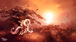 Size: 3214x1800 | Tagged: safe, artist:kridershot, imported from derpibooru, fluttershy, pegasus, pony, female, flying, mare, solo, sun, sunset, tree