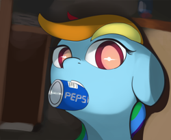 Size: 2520x2070 | Tagged: safe, artist:vultraz, imported from derpibooru, rainbow dash, pegasus, pony, /mlp/, behaving like a dog, bust, colored pupils, drawthread, female, floppy ears, mare, mouth hold, pepsi, ponified, ponified animal photo, portrait, soda, solo