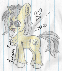 Size: 2024x2336 | Tagged: safe, artist:mlplayer dudez, artist:solder point, imported from derpibooru, oc, oc only, oc:lemon rush, pony, unicorn, :p, chest fluff, cute, dilated pupils, ear fluff, female, happy, leg fluff, mare, signature, smiling, solo, standing, tongue out, traditional art