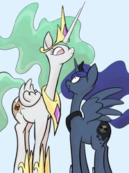 Size: 1969x2652 | Tagged: safe, artist:noupu, imported from derpibooru, princess celestia, princess luna, alicorn, pony, angry sun, blue background, duo, exploitable meme, female, height difference, long neck, luna is not amused, mare, meme, nope.avi, princess necklestia, royal sisters, simple background, sisters, super mario bros., super mario bros. 3, tall, termina's moon, the legend of zelda, the legend of zelda: majora's mask, unamused