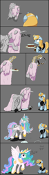 Size: 902x3186 | Tagged: safe, anonymous artist, imported from derpibooru, princess celestia, alicorn, pony, zombie, /mlp/, breakfast, cake, cakelestia, chains, clothes, coffee, collar, comic, cracked horn, crown, drawthread, duo, emaciated, floppy ears, food, hair over eyes, hoof shoes, horn, jewelry, maid, mood, oh are you having cake?, peytral, pink-mane celestia, raised hoof, regalia, requested art, restoration, servant, sheepish grin, that princess sure does love cake, transformation