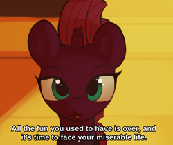 Size: 1240x1037 | Tagged: safe, artist:anonymous, artist:vultraz, imported from derpibooru, tempest shadow, pony, unicorn, /mlp/, anime, bust, caption, cute, dialogue, drawthread, female, mare, ponified, portrait, solo, watamote