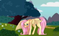 Size: 994x613 | Tagged: safe, artist:xariiann, imported from derpibooru, fluttershy, pegasus, pony, blushing, colored hooves, covering, cute, female, looking at you, mare, outdoors, shy, shyabetes, solo, spread wings, standing, three quarter view, tree, wing covering, wings, wings down