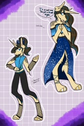 Size: 1200x1800 | Tagged: safe, artist:ravenroyal21, imported from derpibooru, oc, oc only, anthro, unguligrade anthro, unicorn, abstract background, arm hooves, clothes, dress, duo, ear piercing, hoof polish, hooves together, horn, pants, piercing, talking, unicorn oc