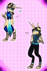 Size: 1200x1800 | Tagged: safe, artist:ravenroyal21, imported from derpibooru, oc, oc only, anthro, unguligrade anthro, unicorn, abstract background, arm hooves, clothes, dress, duo, hoof polish, horn, horn jewelry, jewelry, pants, unicorn oc