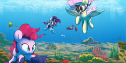 Size: 2420x1218 | Tagged: safe, artist:vultraz, imported from derpibooru, fluttershy, pinkie pie, rarity, earth pony, fish, pegasus, pony, unicorn, /mlp/, coral, diving, drawthread, requested art, scuba, scuba diving, scuba gear, swimming, trio, underwater, watershy