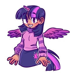 Size: 1280x1280 | Tagged: safe, artist:skylordlysander, imported from derpibooru, twilight sparkle, alicorn, human, clothes, cute, cutie mark, cutie mark on clothes, female, horn, horned humanization, humanized, looking at you, simple background, skirt, smiling, solo, sweater, turtleneck, twiabetes, twilight sparkle (alicorn), white background, winged humanization, wings