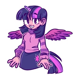 Size: 1280x1280 | Tagged: safe, alternate version, artist:skylordlysander, imported from derpibooru, twilight sparkle, alicorn, equestria girls, clothes, cute, cutie mark, cutie mark on clothes, female, horn, horned humanization, looking at you, pony coloring, simple background, skirt, smiling, solo, sweater, turtleneck, twiabetes, twilight sparkle (alicorn), white background, winged humanization, wings