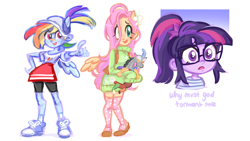 Size: 1280x720 | Tagged: safe, artist:skylordlysander, imported from derpibooru, discord, fluttershy, rainbow dash, sci-twi, twilight sparkle, equestria girls, bandaid, bandaid on nose, baseball cap, bust, cap, clothes, converse, discord plushie, female, hat, open mouth, plushie, portrait, pose, shoes, stockings, sweater, sweatershy, thigh highs