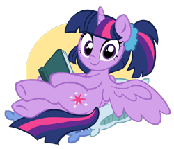 Size: 2048x1759 | Tagged: safe, artist:skylordlysander, imported from derpibooru, twilight sparkle, alicorn, pony, adorkable, alternate hairstyle, book, cute, daaaaaaaaaaaw, dork, female, looking at you, looking back, looking back at you, mare, pillow, ponytail, reading, show accurate, simple background, sitting, solo, transparent background, twiabetes, twilight sparkle (alicorn)