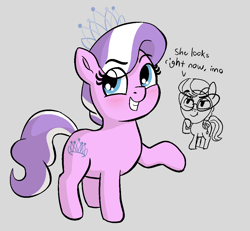 Size: 1008x932 | Tagged: safe, artist:heretichesh, imported from derpibooru, diamond tiara, silver spoon, earth pony, pony, blushing, cute, dialogue, diamondbetes, duo, female, filly, glasses, jewelry, raised hoof, smiling, text, tiara