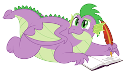 Size: 4558x2624 | Tagged: safe, artist:aleximusprime, imported from derpibooru, spike, dragon, adult, adult spike, book, chubby, fat, fat spike, male, older, older spike, quill, simple background, solo, transparent background, vector, winged spike, wings, writing