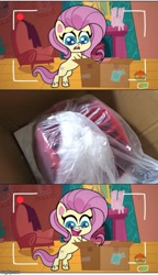 Size: 500x867 | Tagged: safe, edit, edited screencap, imported from derpibooru, screencap, fluttershy, pegasus, pony, my little pony: pony life, unboxing day, spoiler:pony life s01e30, animation error, box, dvd, exploitable meme, female, flutterbox, fluttershy's cottage, g4.5, mare, meme, power rangers, power rangers legacy collection, sad, shout factory, solo, treehouse logo, wingless