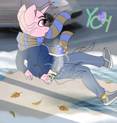 Size: 3800x4000 | Tagged: safe, artist:irinamar, imported from derpibooru, screencap, alicorn, anthro, earth pony, pegasus, unicorn, car, clothes, coffee, commission, female, ice, leaves, road, scarf, slipping, solo, starbucks, your character here, your character here auction