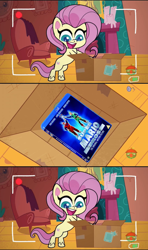 Size: 1280x2160 | Tagged: safe, edit, edited screencap, imported from derpibooru, screencap, fluttershy, lugia, pegasus, pony, my little pony: pony life, unboxing day, spoiler:pony life s01e30, animation error, blu-ray, bob hoskins, box, exploitable meme, female, flutterbox, fluttershy's cottage, g4.5, john leguizamo, luigi, mare, mario, meme, recording, simple background, solo, super mario bros movie, super mario bros., super mario bros. (film), transparent background, treehouse logo, wingless