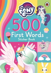 Size: 2480x3508 | Tagged: safe, imported from derpibooru, angel bunny, opalescence, princess celestia, rarity, alicorn, cat, insect, ladybug, rabbit, unicorn, animal, book, crown, cupcake, eyeshadow, first words, food, ice cream, ice cream cone, jewelry, makeup, my little pony logo, necklace, official, rainbow, regalia, sparkles, sticker, stock vector