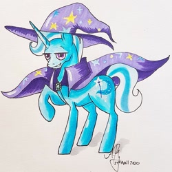 Size: 1021x1021 | Tagged: safe, artist:galaxy.in.mind, imported from derpibooru, trixie, pony, unicorn, cape, clothes, hat, male, raised hoof, rule 63, signature, smiling, solo, stallion, traditional art, tristan, wizard hat