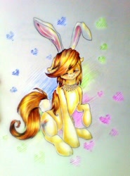 Size: 800x1083 | Tagged: safe, artist:kiwwsplash, imported from derpibooru, oc, oc only, earth pony, pony, bunny ears, earth pony oc, eyes closed, heart, raised hoof, smiling, solo, traditional art