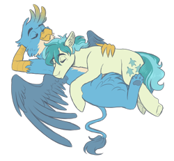 Size: 2600x2400 | Tagged: safe, artist:kikirdcz, imported from derpibooru, gallus, sandbar, earth pony, griffon, pony, cuddling, gallbar, gay, interspecies, male, paw pads, shipping, simple background, sleeping, snuggling, transparent background