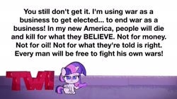 Size: 2048x1152 | Tagged: safe, edit, edited screencap, imported from derpibooru, screencap, twilight sparkle, alicorn, pony, my little pony: pony life, spoiler:pony life s01e29, american politics, copypasta, female, g4.5, mare, meme, metal gear, metal gear rising, metal gear rising revengeance, politics, senator armstrong, solo, ted talk, text, twi talk, twilight sparkle (alicorn), zound off