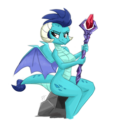 Size: 1500x1650 | Tagged: safe, artist:flutterthrash, imported from derpibooru, princess ember, anthro, dragon, bloodstone scepter, breasts, busty princess ember, dragoness, female, simple background, sitting, solo, white background