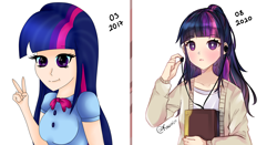 Size: 6666x3500 | Tagged: safe, artist:kawurin, imported from derpibooru, twilight sparkle, alicorn, equestria girls, art evolution, book, earbuds, female, redraw, solo, twilight sparkle (alicorn)