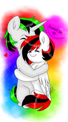 Size: 1080x1920 | Tagged: safe, artist:silentwolf-oficial, imported from derpibooru, oc, oc only, pegasus, pony, unicorn, eyes closed, heart, horn, hug, oc x oc, pegasus oc, shipping, signature, simple background, smiling, talking, transparent background, unicorn oc, wings