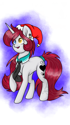 Size: 1080x1920 | Tagged: safe, artist:silentwolf-oficial, imported from derpibooru, oc, oc only, pony, unicorn, christmas, ear piercing, hat, heterochromia, holiday, horn, necktie, piercing, raised hoof, santa hat, simple background, solo, transparent background, unicorn oc