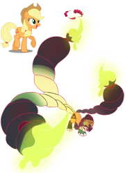 Size: 1280x1778 | Tagged: safe, artist:bearmation, artist:blingcity, imported from derpibooru, applejack, earth pony, apple, crossover, dynamax, female, food, gigantamax, glowing eyes, macro, poison, pokemon sword and shield, pokémon, scorpion tail, simple background, solo, transparent background