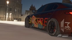 Size: 1920x1080 | Tagged: safe, imported from derpibooru, sunset shimmer, pony, unicorn, alfa romeo, alfa romeo giulia, alfa romeo giulia quadrifoglio, car, clothes, female, forza horizon, forza horizon 4, game screencap, snow, socks, solo, striped socks