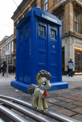 Size: 2000x3000 | Tagged: safe, artist:steam-loco, imported from derpibooru, doctor whooves, time turner, earth pony, pony, bronyscot, bronyscot 2016, crossover, doctor who, funko, glasgow, irl, photo, photography, solo, tardis, telephone box, the doctor, toy