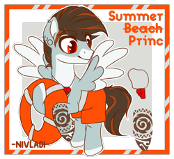 Size: 2092x1911 | Tagged: safe, artist:nivladi, imported from derpibooru, oc, oc only, oc:summer waves, pegasus, pony, ear piercing, earring, flying, jewelry, life preserver, lifebuoy, lifeguard, male, markings, piercing, raised hoof, simple background, solo, stallion, swimming trunks, tattoo, transparent background, trunks, whistle