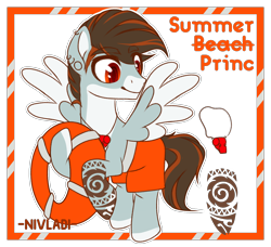 Size: 2092x1911 | Tagged: safe, alternate version, artist:nivladi, imported from derpibooru, oc, oc only, oc:summer waves, pegasus, pony, ear piercing, earring, flying, jewelry, life preserver, lifebuoy, lifeguard, male, markings, piercing, raised hoof, simple background, solo, stallion, swimming trunks, tattoo, transparent background, trunks, whistle