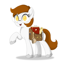 Size: 2536x2536 | Tagged: safe, artist:biocrine, imported from derpibooru, oc, oc only, oc:avy jequet, pony, adorkable, bag, cute, dork, glasses, saddle bag, simple background, smiling, solo, white background