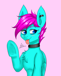 Size: 1600x2000 | Tagged: safe, artist:zachc, imported from derpibooru, oc, oc only, pegasus, pony, chest fluff, choker, concave belly, female, piercing, ribcage, simple background, slim, solo, thin, tongue out, underhoof