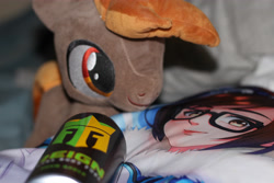 Size: 5184x3456 | Tagged: safe, imported from derpibooru, button mash, pony, body pillow, energy drink, irl, male, mei, overwatch, photo, plushie, solo