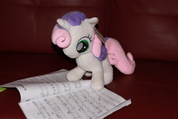 Size: 5184x3456 | Tagged: safe, imported from derpibooru, sweetie belle, pony, female, music, music notes, plushie, reading, solo, song book