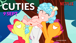 Size: 1360x768 | Tagged: safe, edit, edited screencap, imported from derpibooru, screencap, apple bloom, cozy glow, scootaloo, sweetie belle, earth pony, pegasus, pony, marks for effort, bow, caption, cutie mark crusaders, cuties, cuties (series), female, filly, logo, netflix, this will end in fillycon, this will not end well, tree, we are going to hell, why