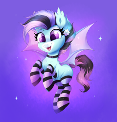 Size: 2158x2261 | Tagged: safe, artist:confetticakez, imported from derpibooru, oc, oc only, oc:neon mist, bat pony, pony, abstract background, chest fluff, choker, clothes, cute, cute little fangs, ear fluff, fangs, female, filly, flower, flower in hair, jewelry, mare, necklace, ocbetes, socks, solo, sparkles, striped socks