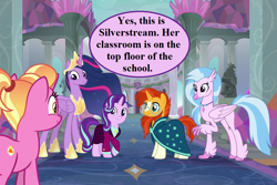 Size: 1053x702 | Tagged: safe, edit, edited screencap, imported from derpibooru, screencap, luster dawn, silverstream, starlight glimmer, sunburst, twilight sparkle, alicorn, the last problem, clothes, crown, cute, diastreamies, glasses, glimmerbetes, hoof shoes, jewelry, lusterbetes, necklace, older, older silverstream, older starlight glimmer, older sunburst, older twilight, peytral, princess twilight 2.0, regalia, robe, school of friendship, speech, speech bubble, suit, that hippogriff sure does love stairs, twiabetes, twilight sparkle (alicorn)