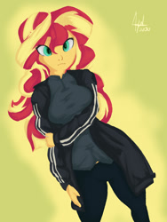 Size: 768x1024 | Tagged: safe, artist:elbenjaftw, imported from derpibooru, sunset shimmer, equestria girls, clothes, female, jacket, solo