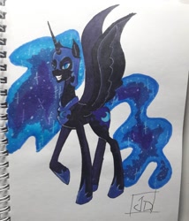 Size: 1080x1263 | Tagged: safe, artist:crazydarknes666, imported from derpibooru, nightmare moon, alicorn, pony, ethereal mane, female, grin, helmet, hoof shoes, mare, peytral, raised hoof, smiling, starry mane, traditional art