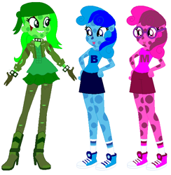 Size: 562x576 | Tagged: safe, artist:hubfanlover678, artist:selenaede, imported from derpibooru, human, equestria girls, base used, base:selenaede, blue (blue's clues), blue (character), blue hair, blue socks, blue's clues, boots, clothes, crossover, equestria girls style, equestria girls-ified, fangs, girly girl, glasses, gloves, green hair, green puppy, high heel boots, high heels, humanized, magenta, magenta (blue's clues), nick jr., nickelodeon, pink hair, pink shoes, pink socks, polka dots, shoes, shorts, skirt, sneakers, socks, tomboy, tongue out