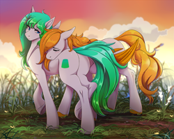 Size: 2753x2186 | Tagged: safe, artist:1an1, imported from derpibooru, oc, oc only, oc:gumdrop, oc:rising dawn, earth pony, pegasus, pony, butt, colored hooves, duo, eyes closed, high res, multicolored tail, plot, raised hoof