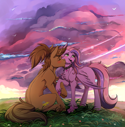 Size: 2358x2397 | Tagged: safe, artist:1an1, imported from derpibooru, oc, oc only, hippogriff, pony, unicorn, cheek kiss, hippogriff oc, kiss on the cheek, kissing