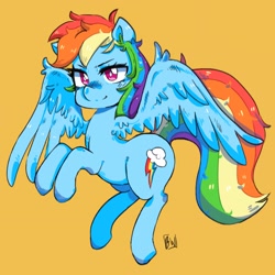 Size: 1920x1920 | Tagged: safe, artist:bluewolfiess, artist:haichiroo, imported from derpibooru, rainbow dash, pegasus, pony, female, flying, mare, simple background, solo, white pupils, wings, yellow background