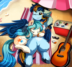 Size: 3030x2800 | Tagged: safe, artist:pridark, imported from derpibooru, oc, oc only, oc:seascape, oc:skysail, hippogriff, pegasus, pony, acoustic guitar, beach, beach towel, beach umbrella, beverage, commission, cooler, drink, eyes closed, female, guitar, high res, hippogriff oc, male, multicolored hair, musical instrument, oc x oc, ocean, one eye closed, relaxing, sand, seasail, shipping, smiling, soda, straight, summer, sunglasses, sunscreen, unshorn fetlocks, water